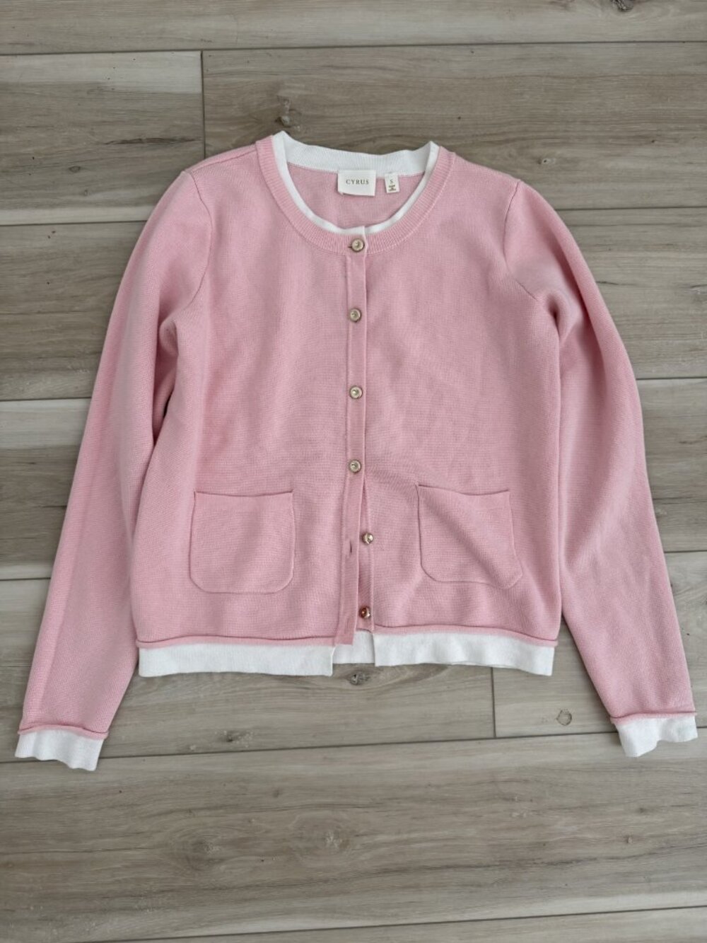 CYRUS Pink Cardigan White Trim Gold Buttons | Size S
